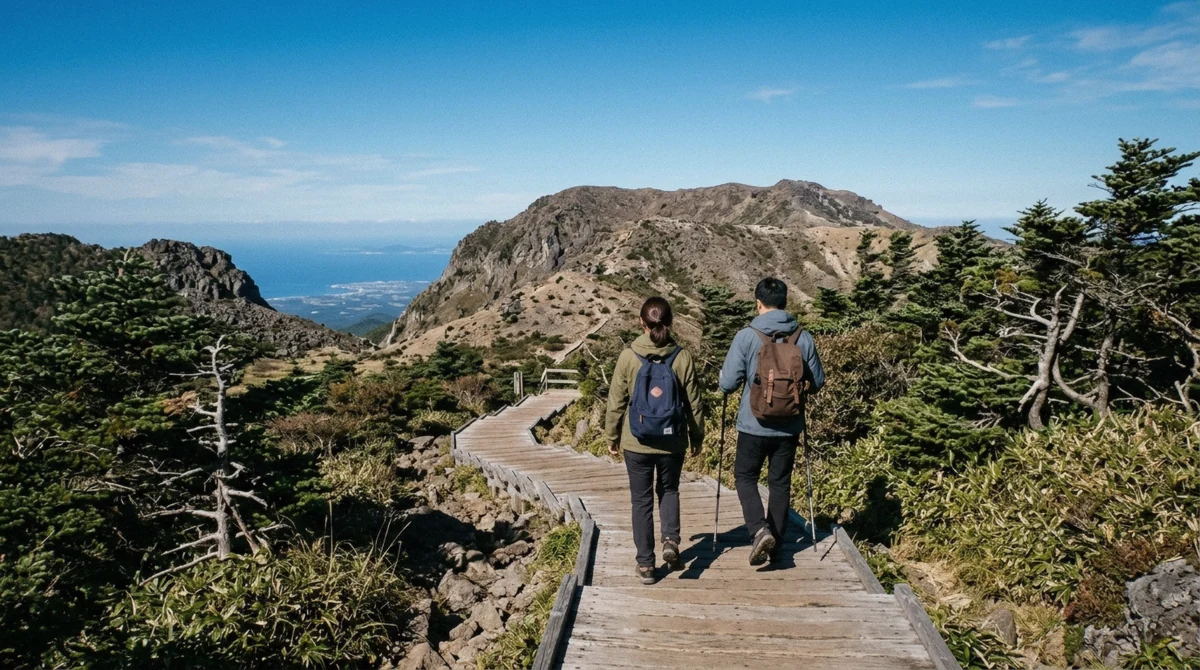 A hiker climbing the stone steps of the Seongpanak trail while hiking Hallasan on Jeju Island, South Korea