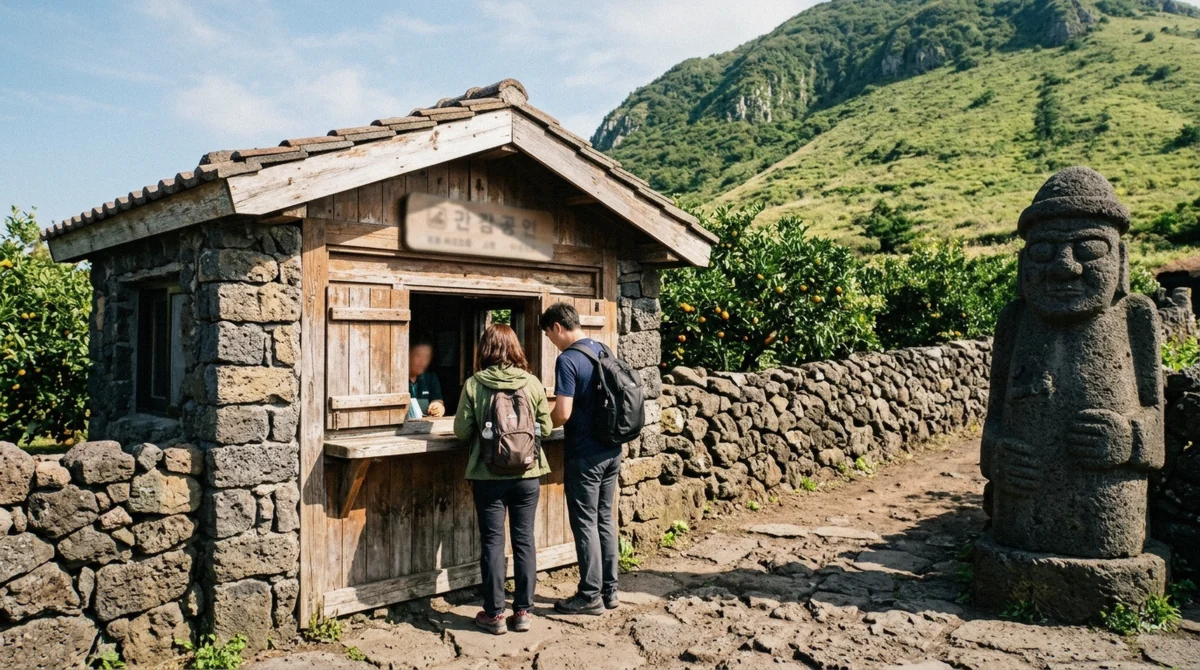 A traveler checking entrance ticket prices at a gate, illustrating jeju island trip cost entrance fees for a day out on Jeju Island, South Korea