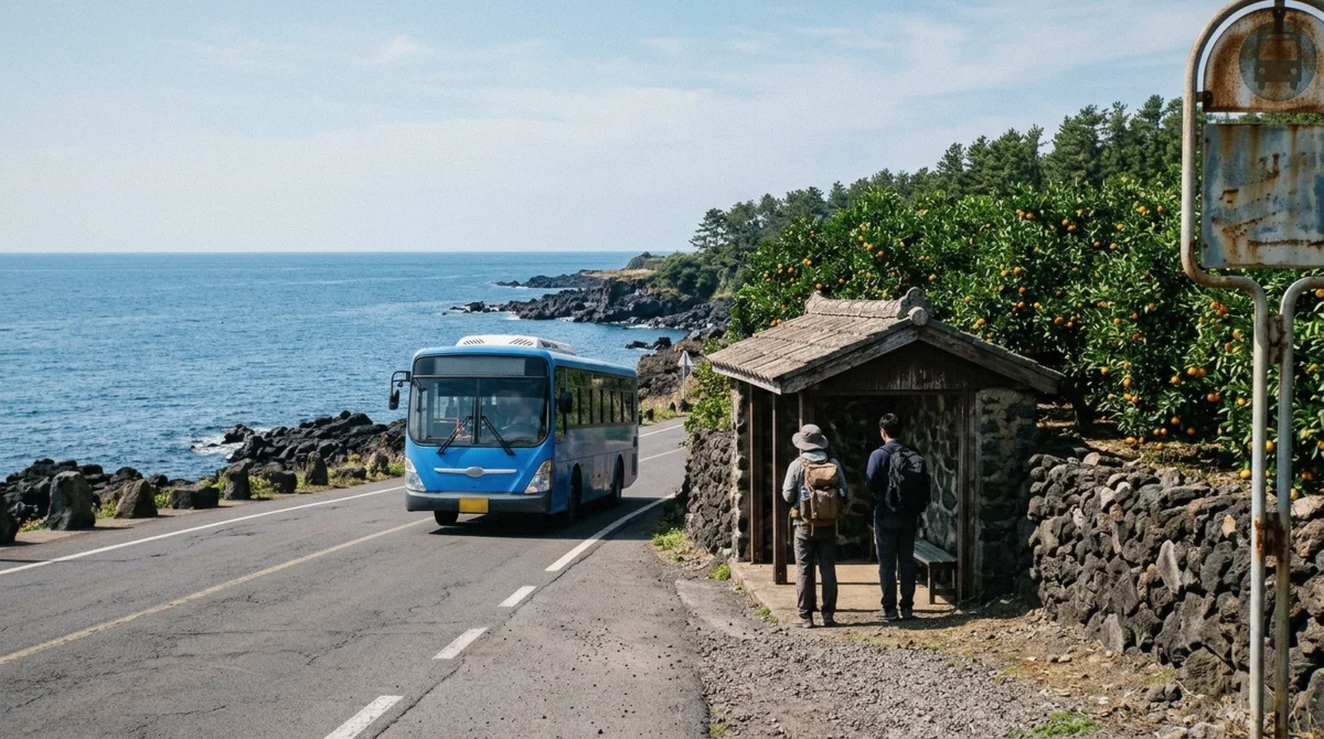 A green intercity bus stopped at a coastal bus stop, showing how to get around Jeju island without a car on public transport