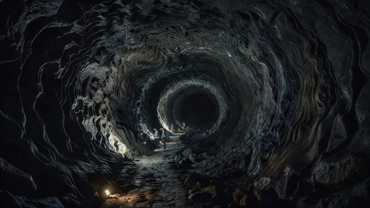 The vast dark basalt tunnel of the Manjanggul lava tube on a UNESCO tour of Jeju Island Korea, South Korea